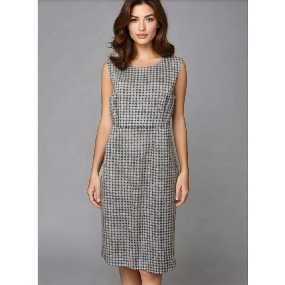 Lands' End Midi Dress 14P‎ Black White Houndstooth Pattern Round Neck Minimalist